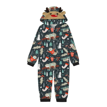 

Eyicmarn Family Matching Christmas Pajamas Jumpsuits Cartoon Elk Santa Snowflake Deer Print Hooded Long Sleeve Zipper-Up Romper Sleepwear