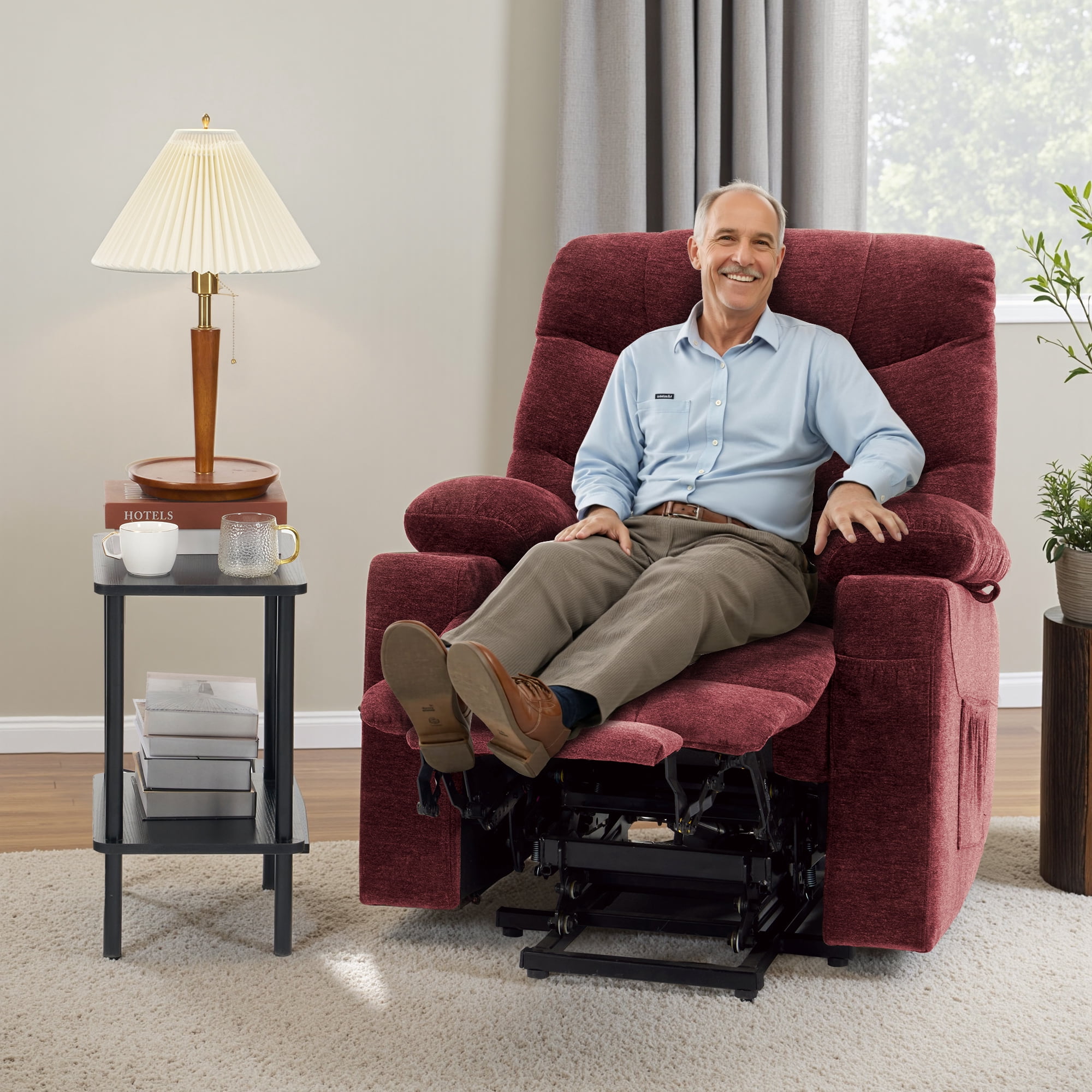 MCombo Large Power Lift Recliner Chair with Extended Footrest for 5'7"-6'2" Elderly People, Fabric, Burgundy