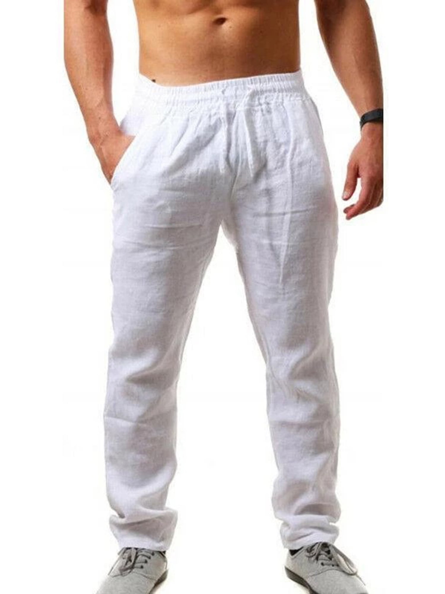 Men Loose Linen Elastic Waist Trousers Casual Beach Pants Straight Long Slack 