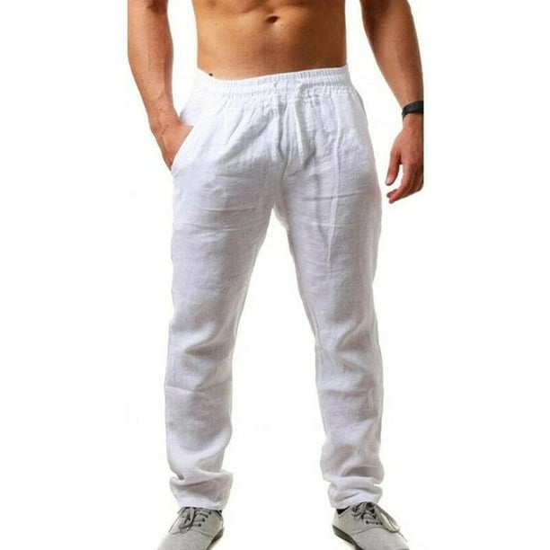 Luethbiezx - Men Cotton Linen Trousers Solid Color Elastic Waist Loose ...