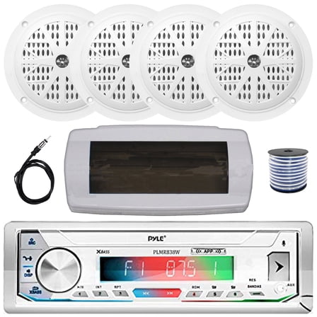 Pyle PLMRB39W LCD Display Single-DIN Marine Bluetooth USB/AUX MP3 Player AM/FM Radio Stereo White Receiver W/White Cover, 4x 4'' 100W Max Dual Cone Waterproof Speakers, Radio Antenna, Speaker Wire