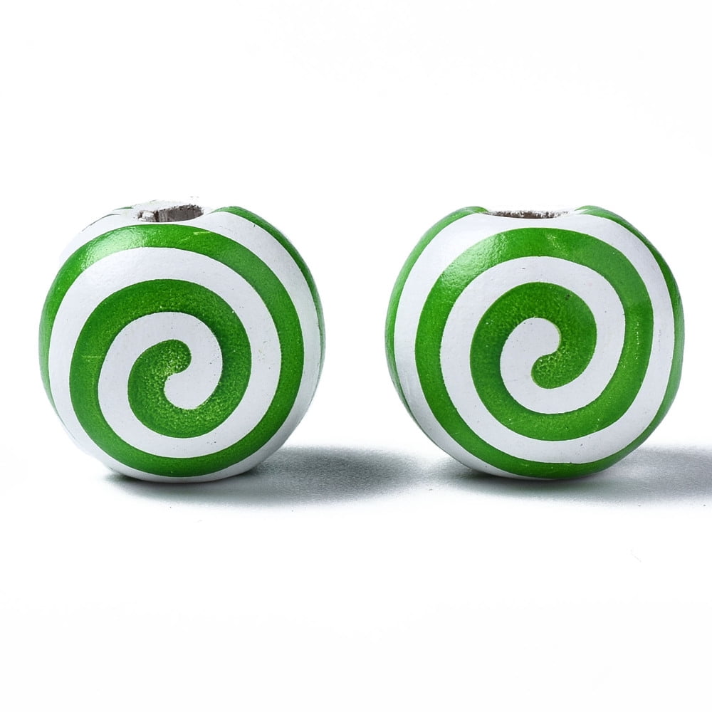 500pcs Painted Wood European Beads Large Hole Beads Printed Round with Stripe Green 16x15mm Hole: 4mm