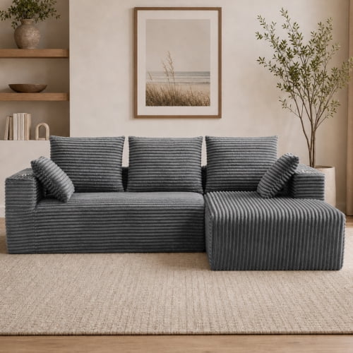 95" Modular L-Shaped Sectional Sofa with Chaise Lounge, 4-Seater Convertible Sofa Bed, Plush Corduroy Upholstery, Spring Pack Cushions, Wide Armrests with Side Pocket, Gray
