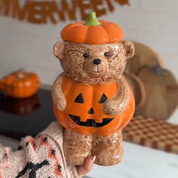 Halloween Pumpkin Teddy Bear Candy Jar Snack Can, Resin Holiday Decoration Home Ornament for Halloween Party Trick or Treat and Festive Home Decor