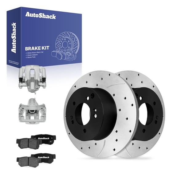 AutoShack Rear Solid Drilled & Slotted E-Coated Brake Rotors   Ceramic Pads   Calipers 8-PC Brake Kit Replacement for 2006-2008 Hyundai Sonata 2006-2010 Kia Optima ShadowGuard 10.31" (262 mm)