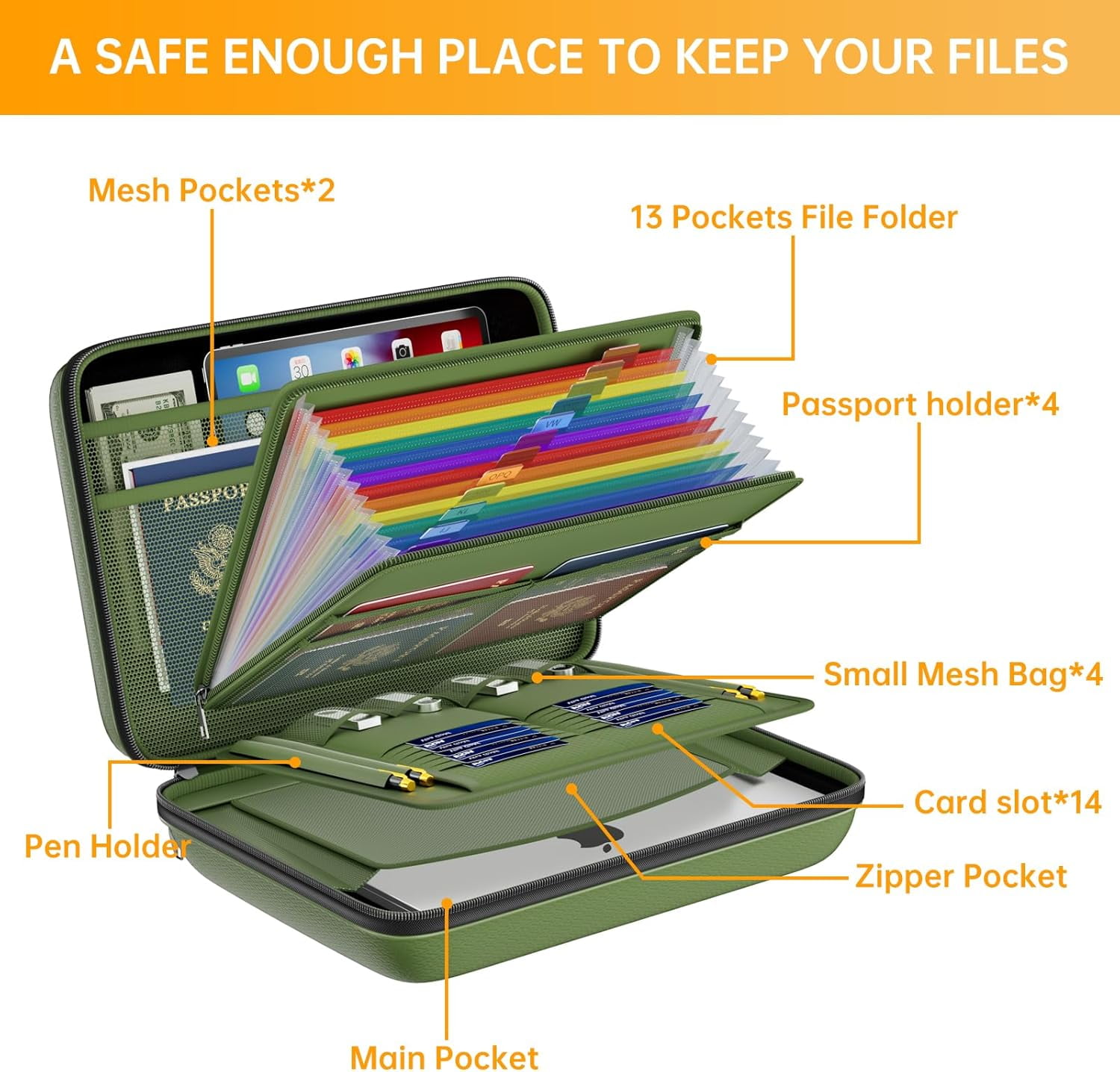 Fireproof File Organizer with Lock, Hard-Shell Case Fireproof Document Box with 13 Pocket Accordion File Folder, Portable Home Office Travel Safe Storage for Important Documents Laptop Green
