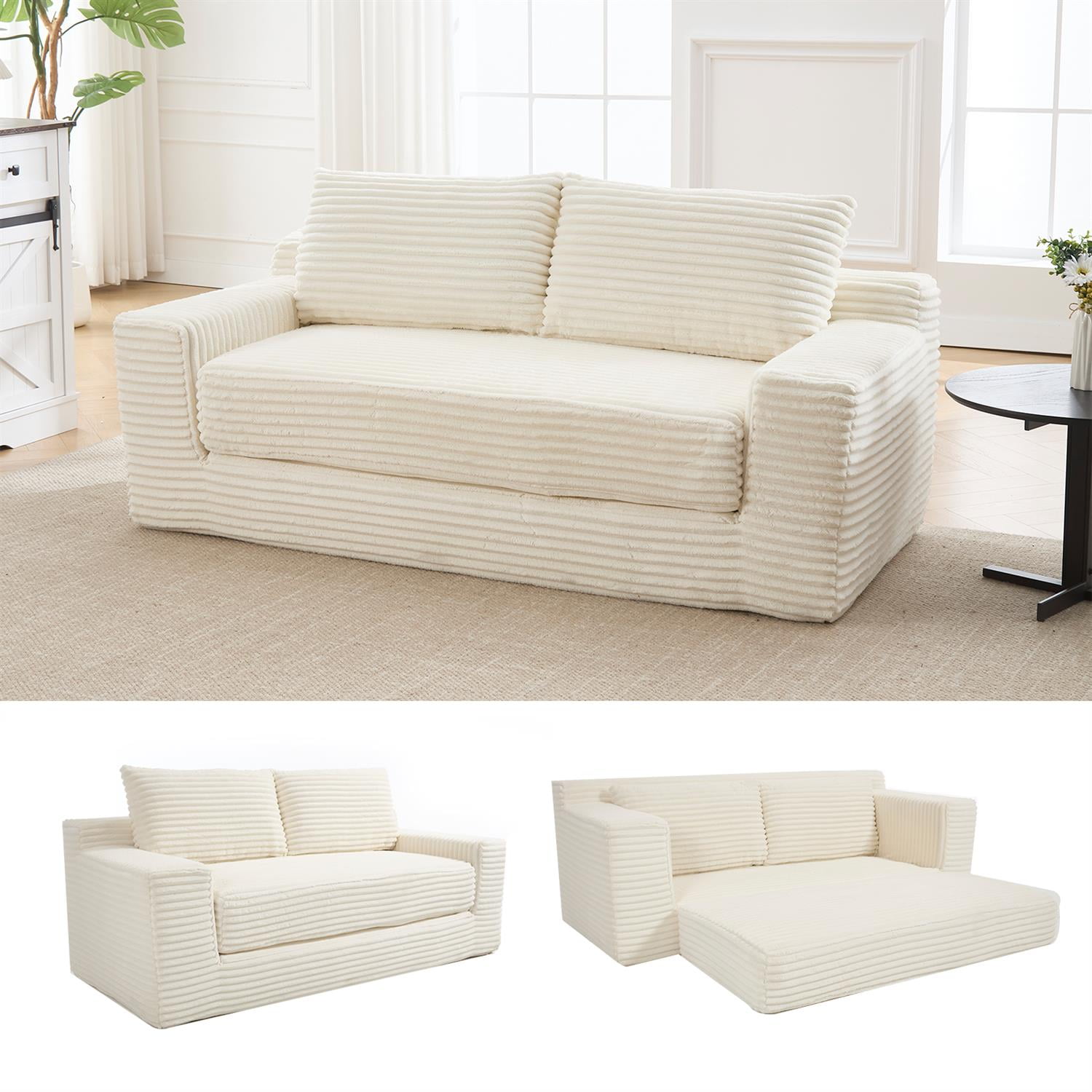 Demi Bonn 72" Cozy Loveseat Sofa Bed with Memory Foam & Sturdy Steel Frame, No Assembly Needed, Convertible 2-in-1 Couch for Small Spaces, Apartments, White