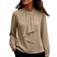thumbnail image 2 of ClodeEU Women's Mock Neck Ruffle Front Long Sleeve Chiffon Shirt,Solid Elegant Office Dress Blouse Khaki,Women's Plus XXL, 2 of 5