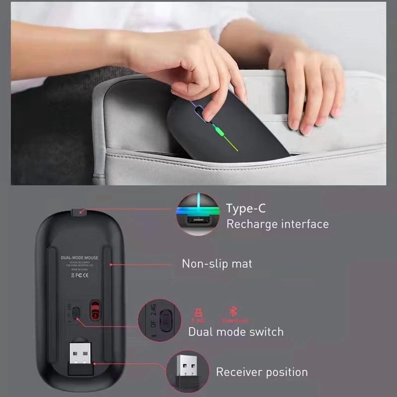 LED Wireless Mouse Bluetooth-compatible 2.4GHz Slim Rechargeable Silent Mice RGB Ergonomic Gaming mouse for Computer Laptop PC