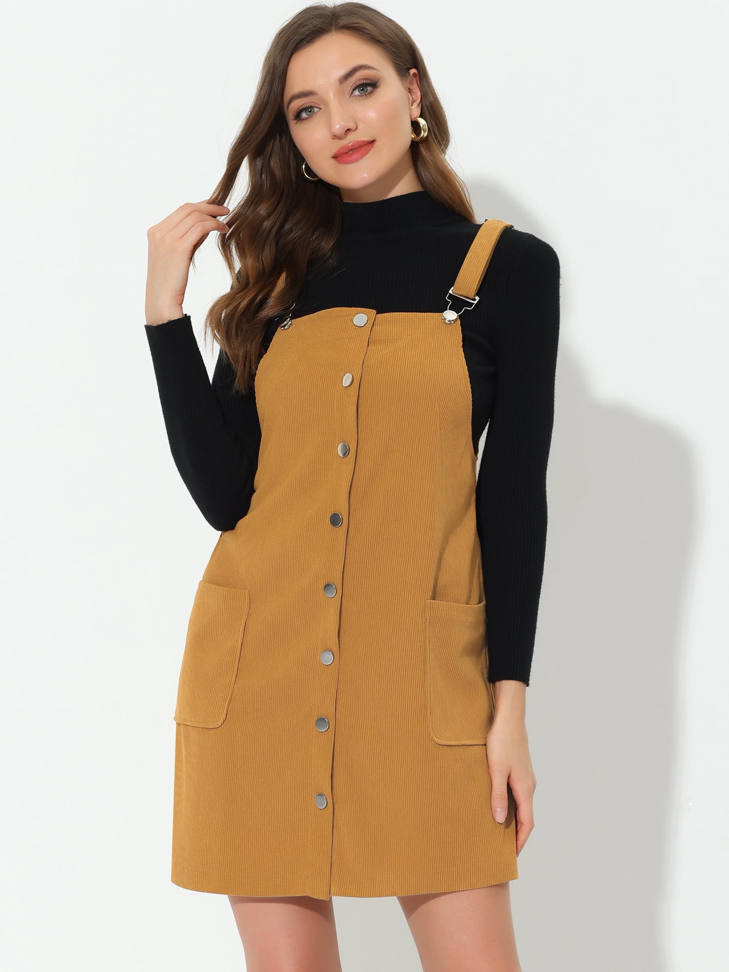 Unique Bargains Women's Corduroy Straps Pinafore Button Decor Overall Dress M Mustard