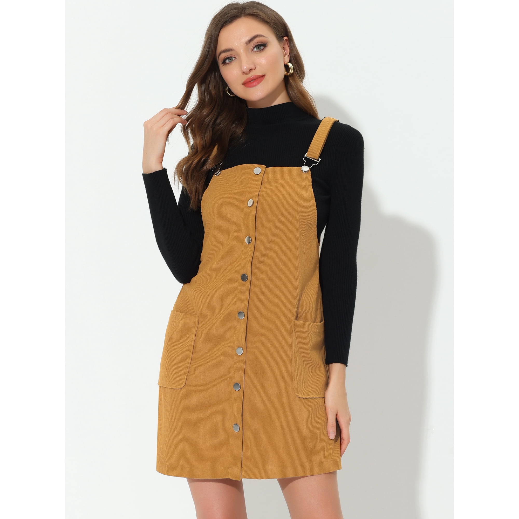Unique Bargains Women s Corduroy Dress Adjustable Straps A line Pinafore Button Down Overall Dress Mustard S Walmart