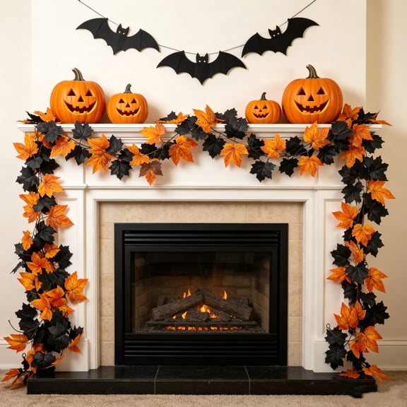 Seasonal Home Decor, 79 Inch Black and Orange Artificial Maple Leaf Halloween Vine, Fall Hanging Decor for Indoor Home Spaces, Halloween Porch Decor for Covered Outdoor Areas,
