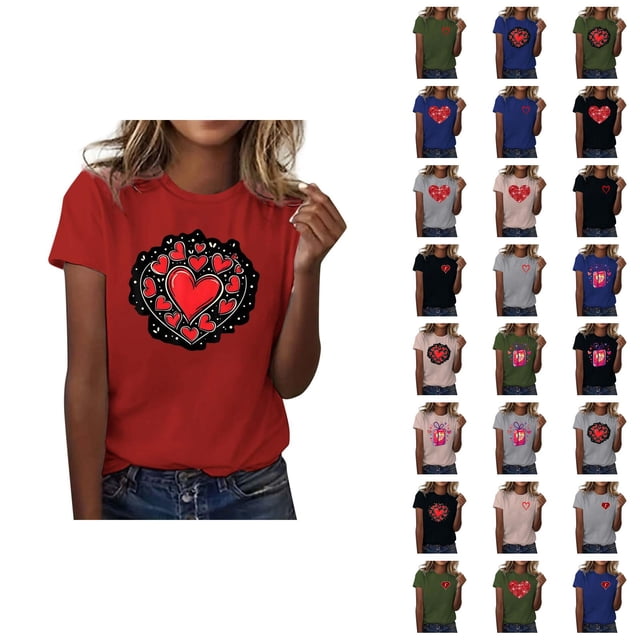 T-shirts de la Saint-Valentin pour Femmes 2026 Mode Manches Courtes Col Rond Cœur Graphique