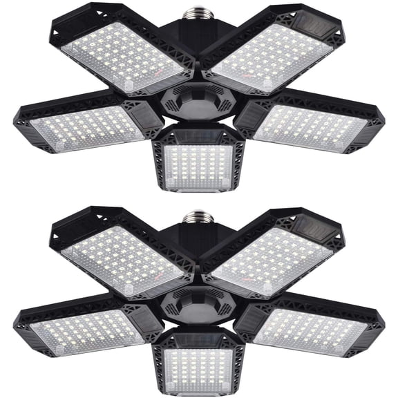 2 Pack LED Garage Lights, 120W Deformable LED Garage Ceiling Light with 5 Adjustable Panels, 12000LM E26 Shop Lamp for Basement, Barn, High Bay, Store (2 Pack)