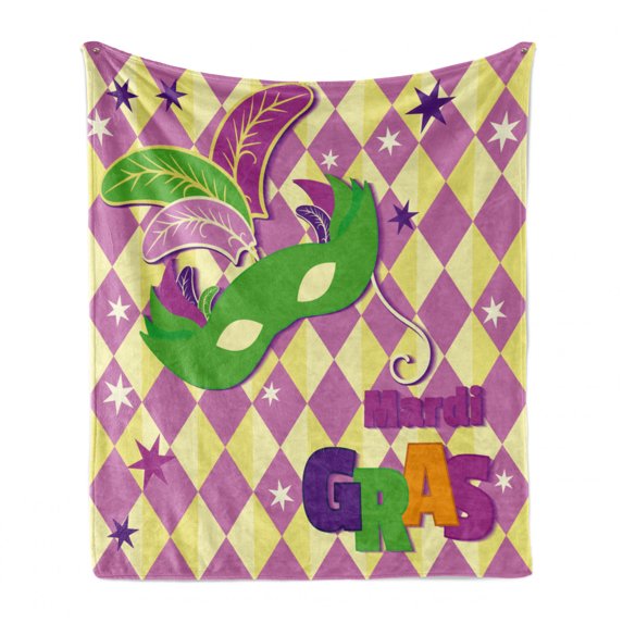 Mardi Gras Soft Flannel Fleece Throw Blanket, Checkered Pattern with Stars Graphic Harlequin Festival Composition, Cozy Plush for Indoor and Outdoor Use, 70" x 90", Pink Yellow Green, by Ambesonne