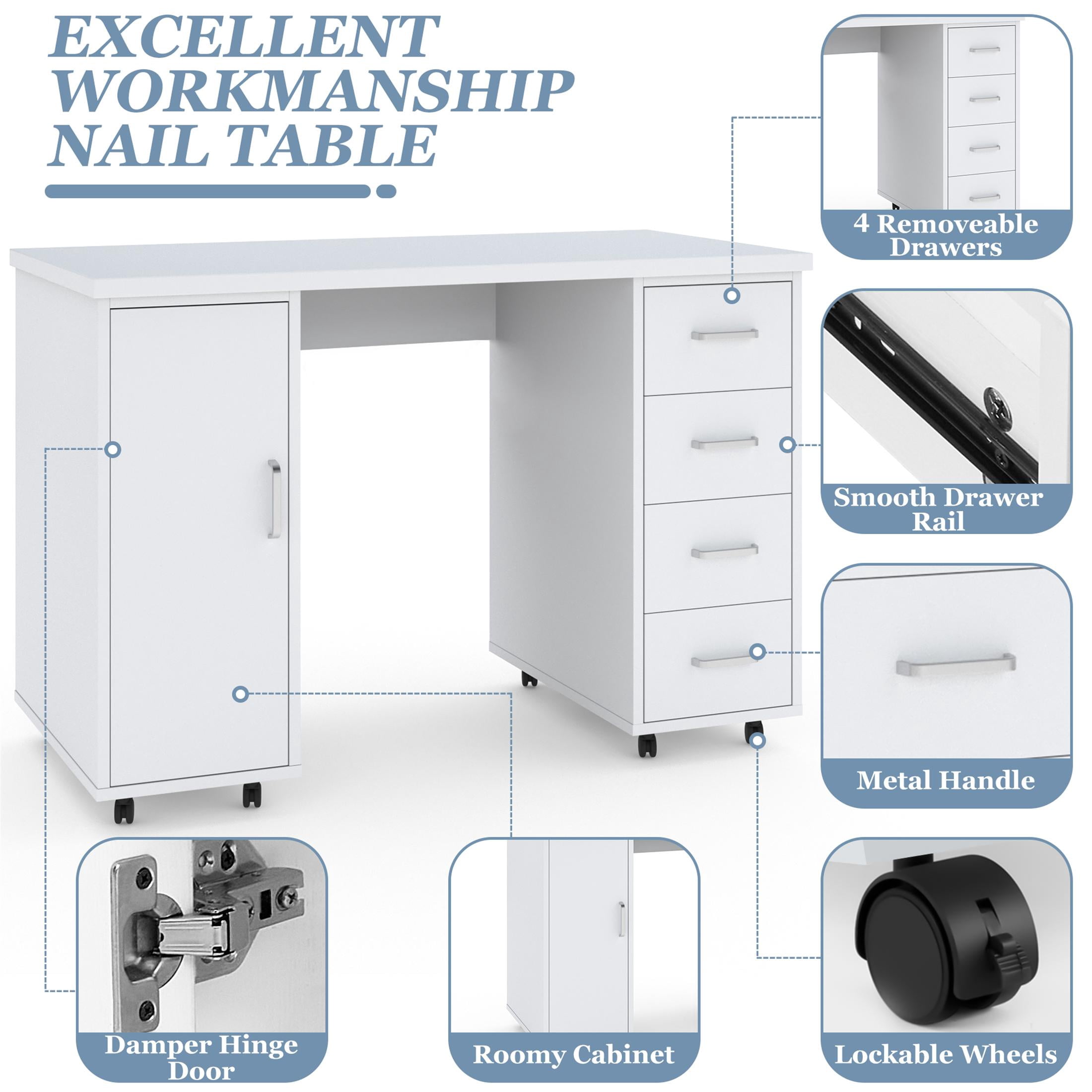 Sesslife White Computer Desk, Writing Desk with Lockable Wheels，Modern Wood Study Desk with 4 Drawers for Home Office Workstation