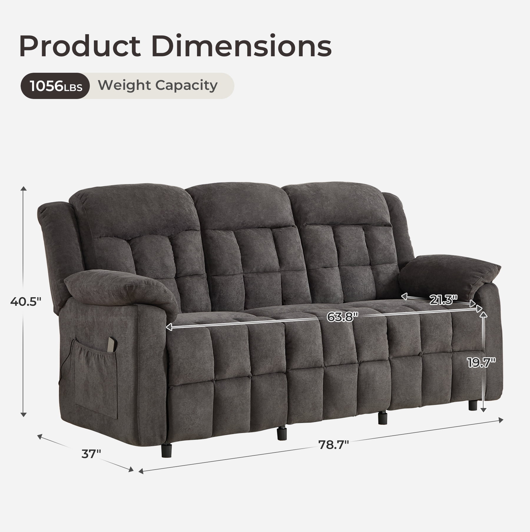 Ebello Power Recliner Sofa, 3-Seat Soft Fabric Reclining Couch with Adjustable Footrest, Side Pockets & Overstuffed Armrest Backrest for Living Room, Gray