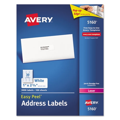 1PACK Avery Easy Peel® White Address Labels w/ Sure Feed Technology, Laser Printers, 1 x 2.63, White, 30/Sheet, 100 Sheets/Box