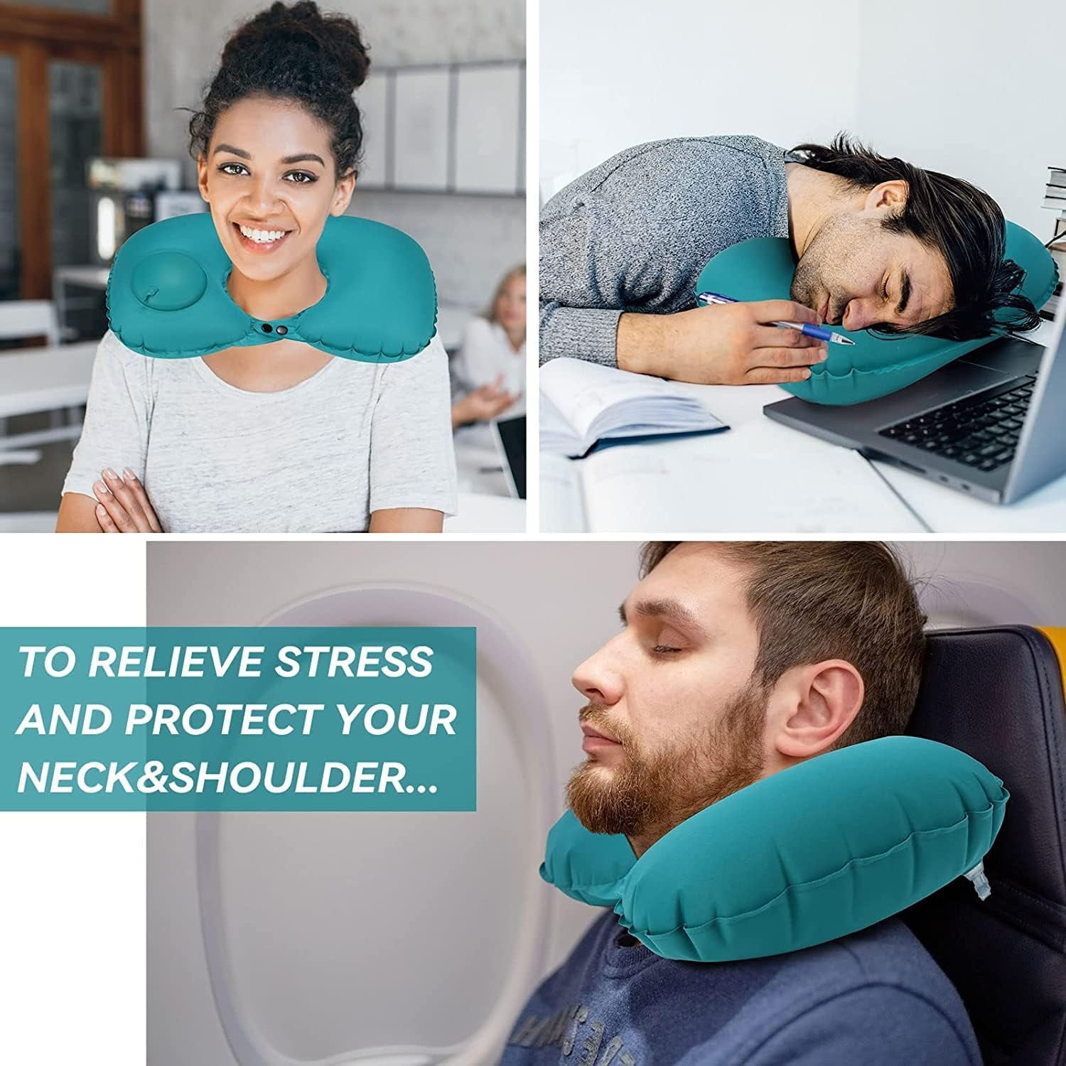 Inflatable Travel Pillow Neck Pillow for Travel Portable Neck Support Pillow for Airplanes Cars Buses Trains Office Napping Ergonomic Pillow for Neck Lumbar Support Portable Hiking Folding Pillow Walm...