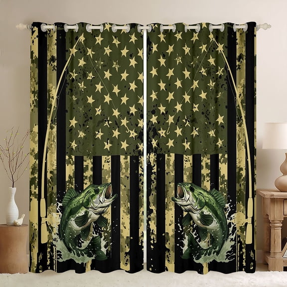 Homewish Teens Boys Girls Big Bass Fish Black Out Curtains,Abstract Vintage USA Flag Curtains Pack of 2 (42x63 Each),Fishing And Hunting Bedroom Curtains,Lightweight Room Decor