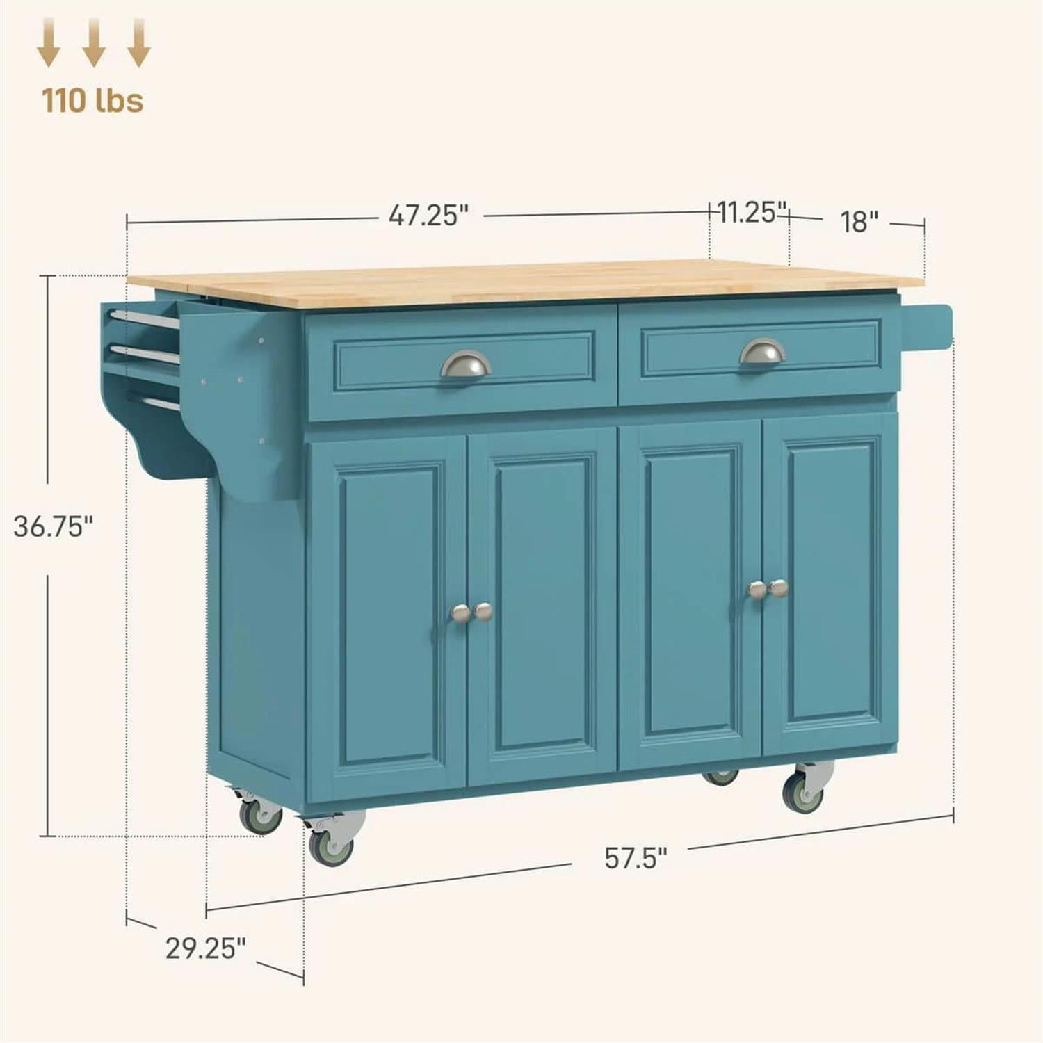 Demi Bonn 57" Rolling Kitchen Island with Drop Leaf, Mobile Cart in Rubber Wood, 2 Drawers & 2 Cabinets, Island Table for Kitchen & Dining, Blue