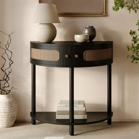 Modern Rattan Half Moon Console Table with Storage Two Doors Brass Knobs Entryway Desk for Small Spaces Black Oak Home Decor
