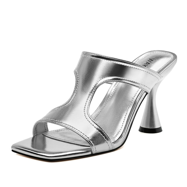 Sandalias de tacón WAYDERNS Silver para mujer, punta abierta, tacón de 9 cm