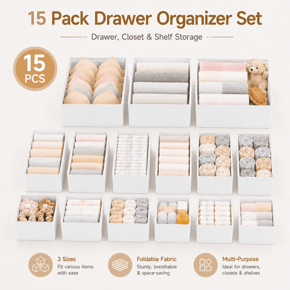 MORAVE White Fabric Storage Bins 15 Pack, Foldable Dresser Dividers with 3 Sizes, Drawer Organizer for Clothes