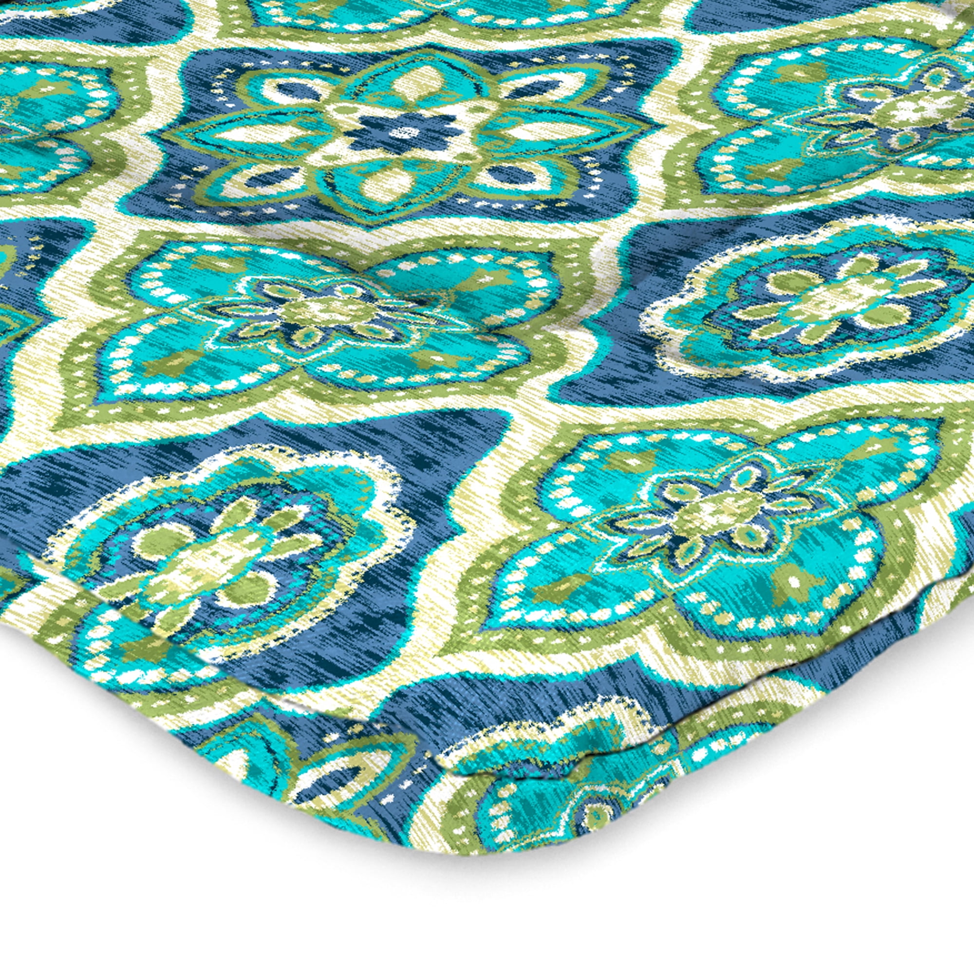 Jordan Manufacturing 38" x 21" Adonis Capri Teal Medallion Rectangular Outdoor Wrought Iron Chair Cushion with Ties and Hanger Loop
