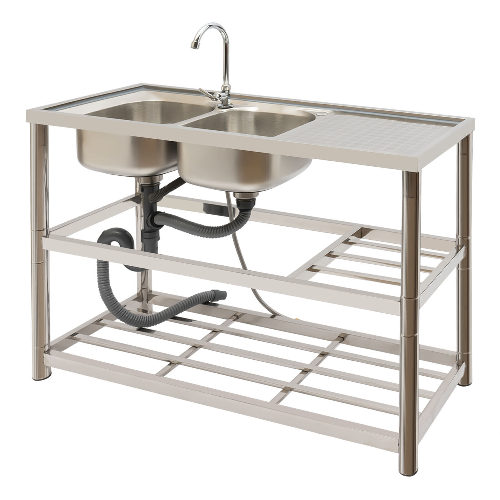 TFCFL 2 Compartments Stainless Steel Kitchen Sink Commercial Utility Sink & Prep Table w/ Faucet Drainboard