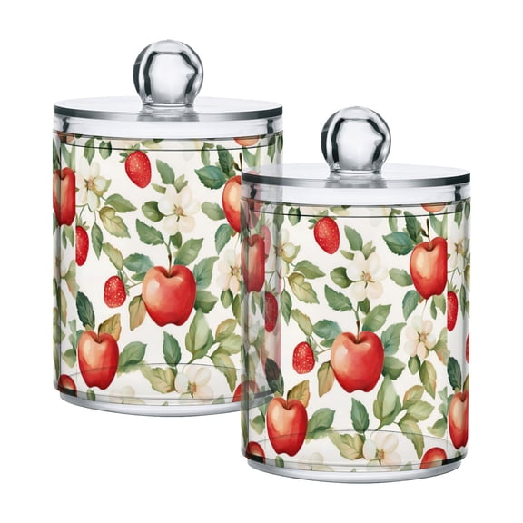 Yayeee 2 Pack Qtip Holder Bathroom Cotton Swab Canister with Lid Clear Dispenser Set, Beige Apple Pattern