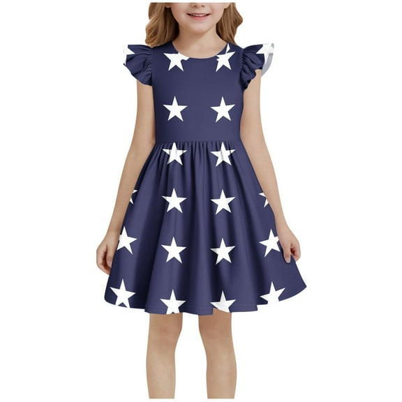 THDHVS Girls Dresses,Dresses for Girls,Kid's Summer Independence Day Print Short Sleeve Ruffled Round-Neck Dress with Pockets Multicolor 7-8 Years