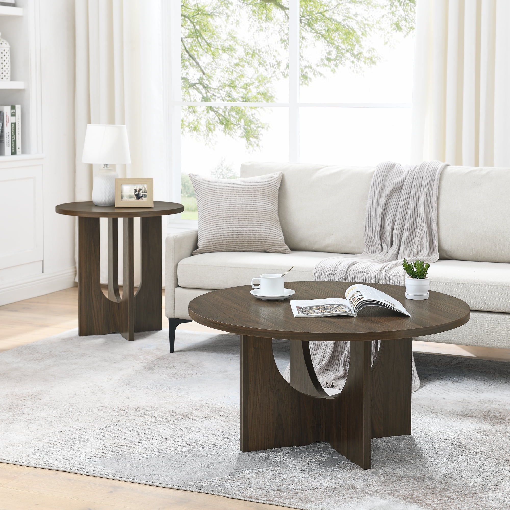 Round Coffee Table,Nordic Style Solid Wood Coffee Table with Wood Leg,Natural Walnut