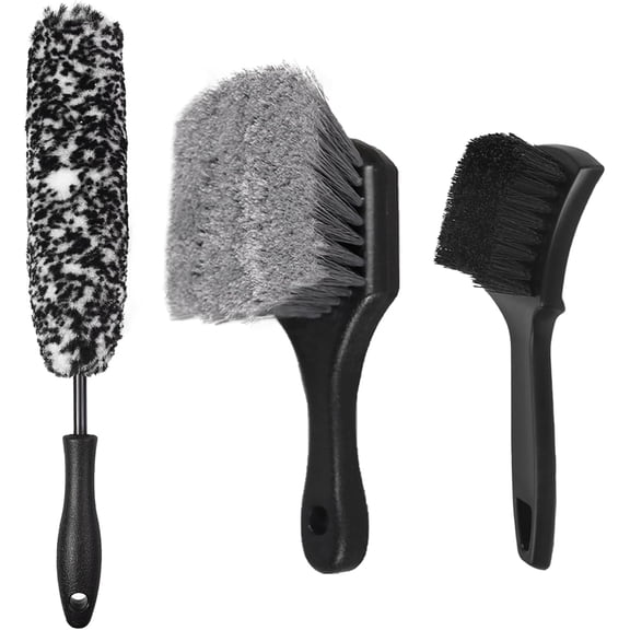 Wheel and Tire Brush Set 3 Pack, Car Wheel Cleaning Brush, Long Handle Rim Brush, Soft and Stiff Bristle Brushes for Wheels, Tires, Carpet, Floor Mats, Truck, SUV, RV, Motorcycle