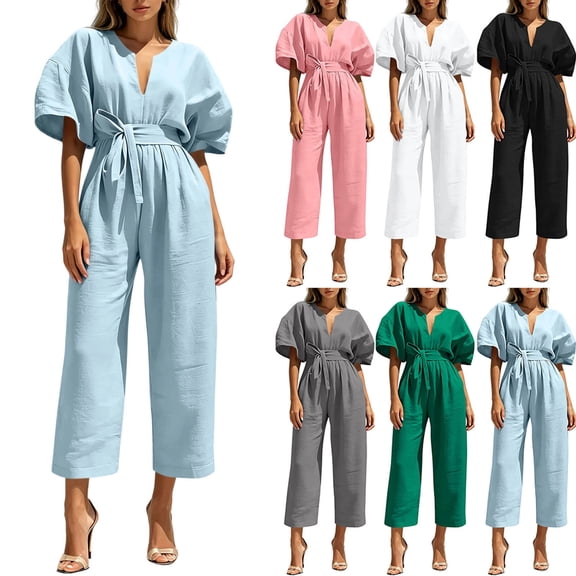 PNTUTB Women’s Fashion V-Neck Short Sleeve ASdjustable Strap Zipper Pockets Jumpsuit Pants