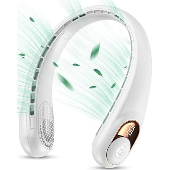 FU1999 Neck Fan, Portable Fan, Neck Fans Rechargeable, Upgraded LED Display, 4000 mAh Battery Operated, 3 Speeds Adjustable Personal Wearable Fan, Gifts for Women Men, Pearl White