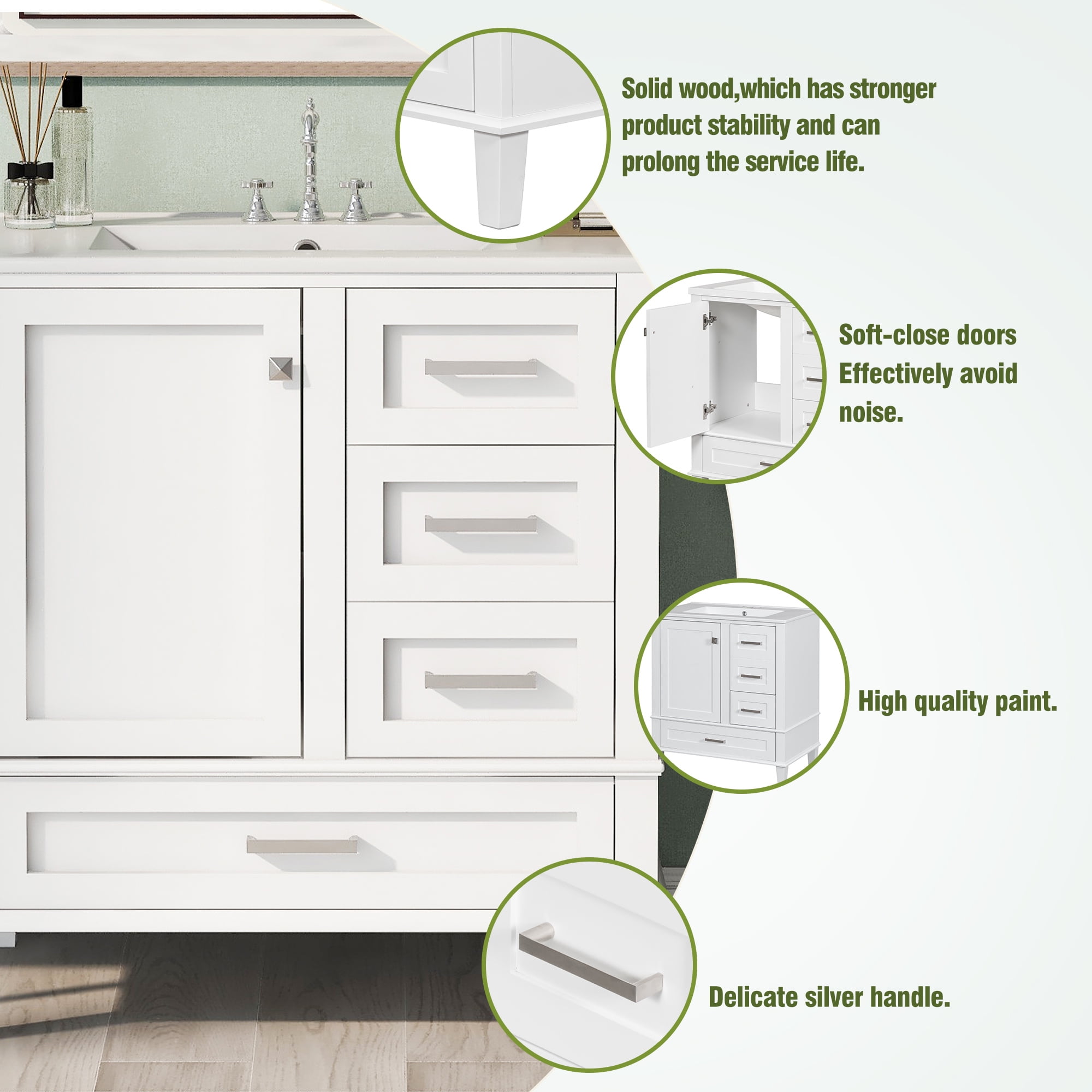 30" Bathroom Vanity Set with Sink, Holaki Modern Bathroom Cabinet with Soft Closing Door and 3 Drawers, Solid Wood Frame Bathroom Storage Cabinet, White
