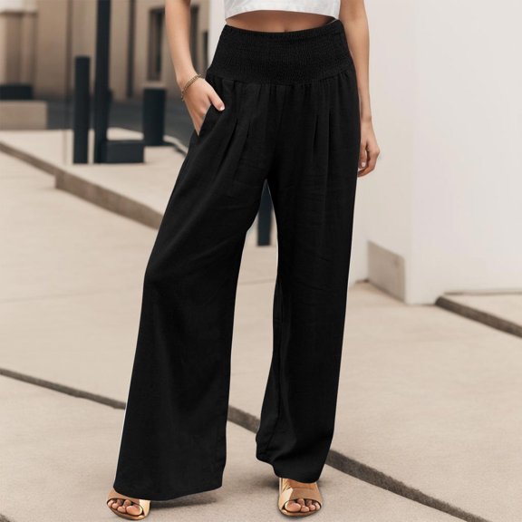 Womens Palazzo Pants Wide Legs Elastic Waist Casual Trousers with Pockets