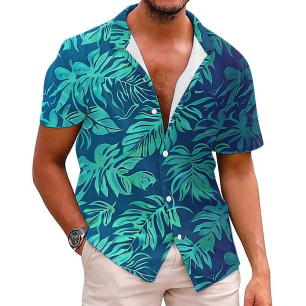 Camisas de Manga Larga para Hombres, Cómoda Impresión de Manga Corta Blusa de Cuello Redondo Hecha de Poliéster Ligero para el Verano, Camisas de Verano para Hombre