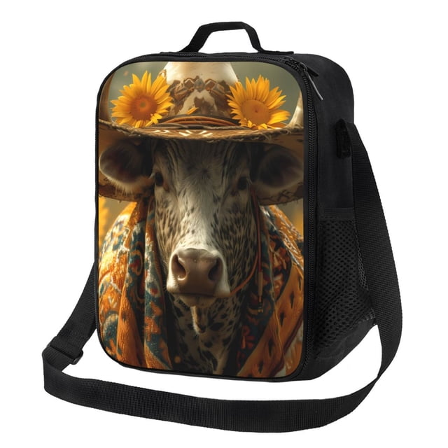 Balery Sunflower Cowboy Hat Cow Caja de Almuerzo y Bolsa de Almuerzo para Hombres y Mujeres, Bolsa de Almuerzo Reutilizable con Gran Capacidad, Bolsa de Almuerzo Aislada
