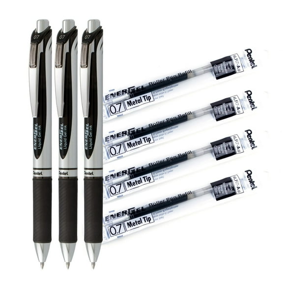 Stylo gel rétractable EnerGel, pointe moyenne 0,7 mm, paquet de 3 stylos + 4 recharges, encre noire