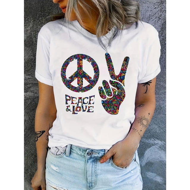 Hippy Graphic Print T-shirt, Short Sleeve Crew Neck Casual Top For Summer & Spring, Women's Clothing