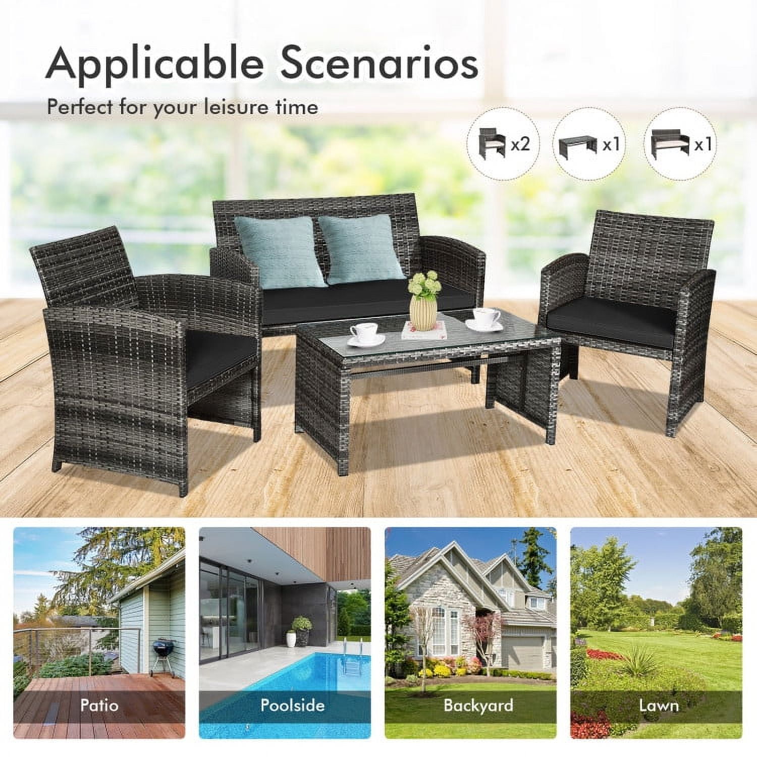 Aimee Lii 4 Pieces Wicker Patio Furniture Set with Cushions, Wicker Outdoor Sectional, Black Aimee Lii 4 Pieces Wicker Patio Furniture Set with Cushions, Wicker Outdoor Sectional, Black