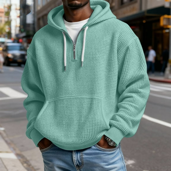 Mens Hoodies Pullover Quarter Zip Casual Long Sleeve Drawstring Waffle Knit Hooded Sweatshirt Mint Green L