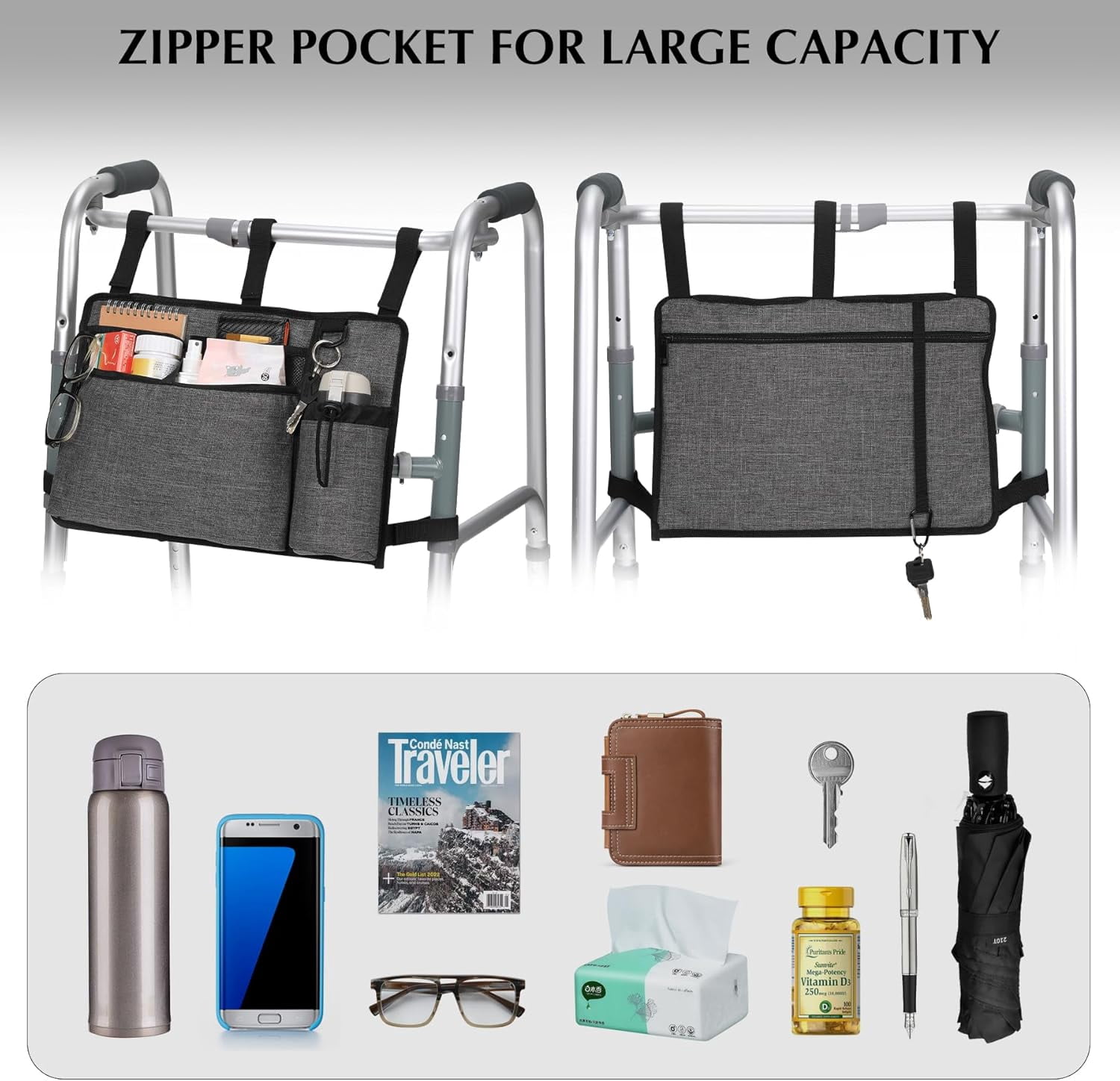Walker Accessories for Seniors - Folding Walker Bag with Cup Holder, Storage Basket, and Organizer Pouch, Grey