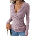 thumbnail image 1 of Womens Long Sleeve Shirts V Neck Ribbed Knit Slim Fit Button Light-Weight Sweater Fall Casual Work Tops Lotus Color L, 1 of 10