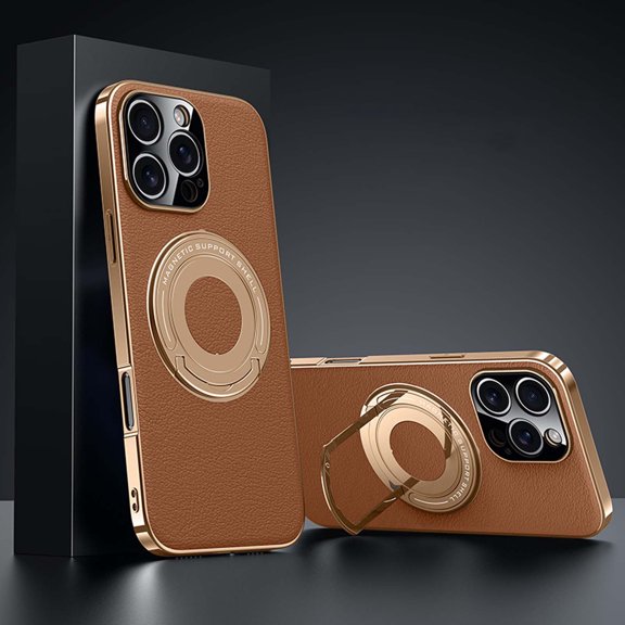 Dteck Magnetic for iPhone 16 Pro Leather Case with Invisible Stand, Compatible with MagSafe, Electroplated Bumper with Leather Back Shockproof Phone Cover iPhone 16 Pro,Brown