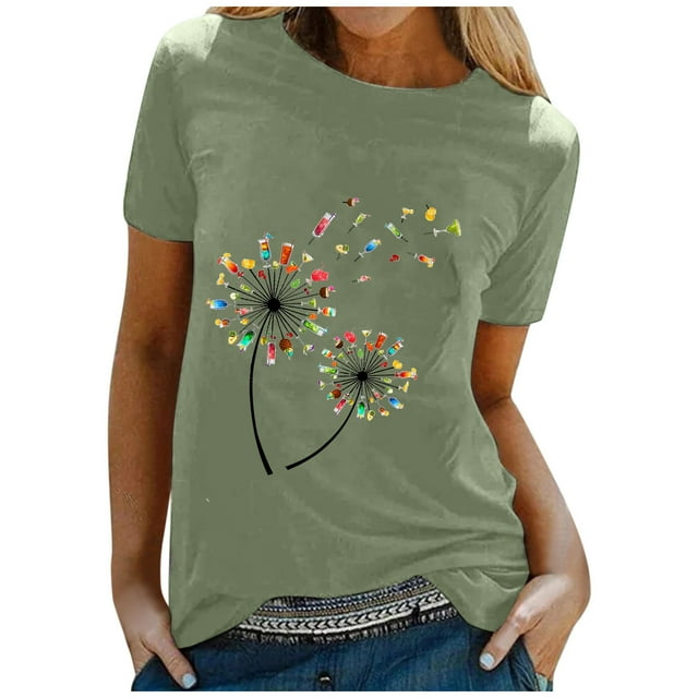 Gibobby Casual Playera de Manga Corta para Mujer Llose Tops Letter Casual Printing Blouse Short Women O cuello T camisa mangas de mujer(Verde claro,CH)