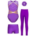 thumbnail image 3 of TSSOE Girls Gymnastics Leotards with Shorts Leggings Scrunchies Sleeveless Sparkly Dance Biketard Ballet Tumbling Outfit Purple 16, 3 of 7