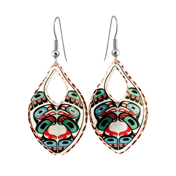 Northwest Coast Alaska Native Earrings Sun Totem Earrings/Alaska Totem Earrings/Eagles/Lovebird/Beaver/Wolf/Whales/Salmon (LovebirdsTeardrop)